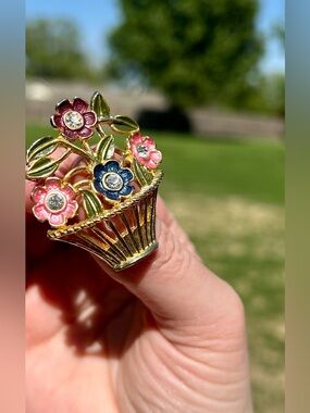 Golden Flower Basket Brooch Colorful Bouquet EUC